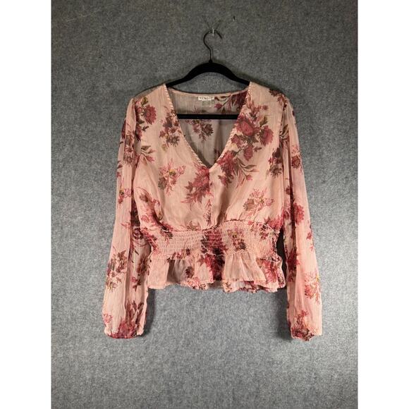 Venus Blouse Women Medium Pink Semi Sheer Floral Smocked Bloomcore Feminine - Picture 1 of 7